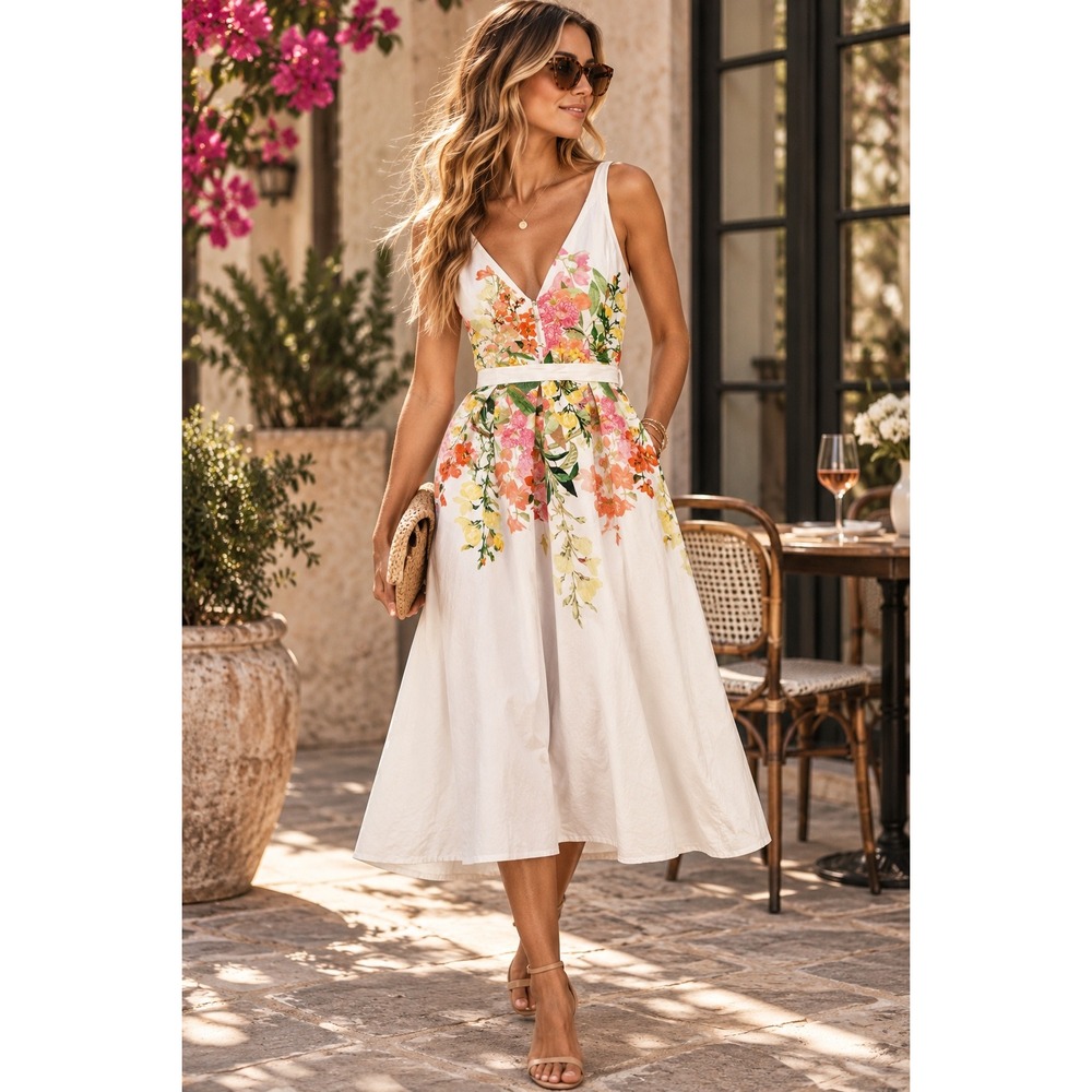 Karl Lagerfeld Paris Floral V-Neck A-Line Midi Dress White Multi Size 4